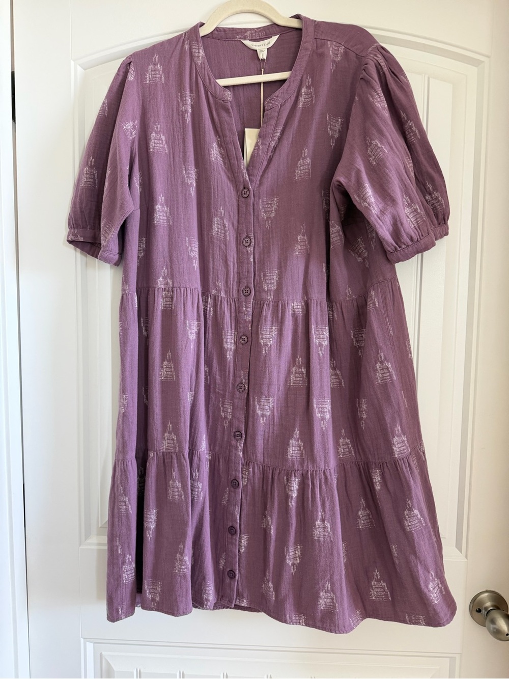 Garnet Hill Purple Button-Front Tiered Mini Dress Organic cotton